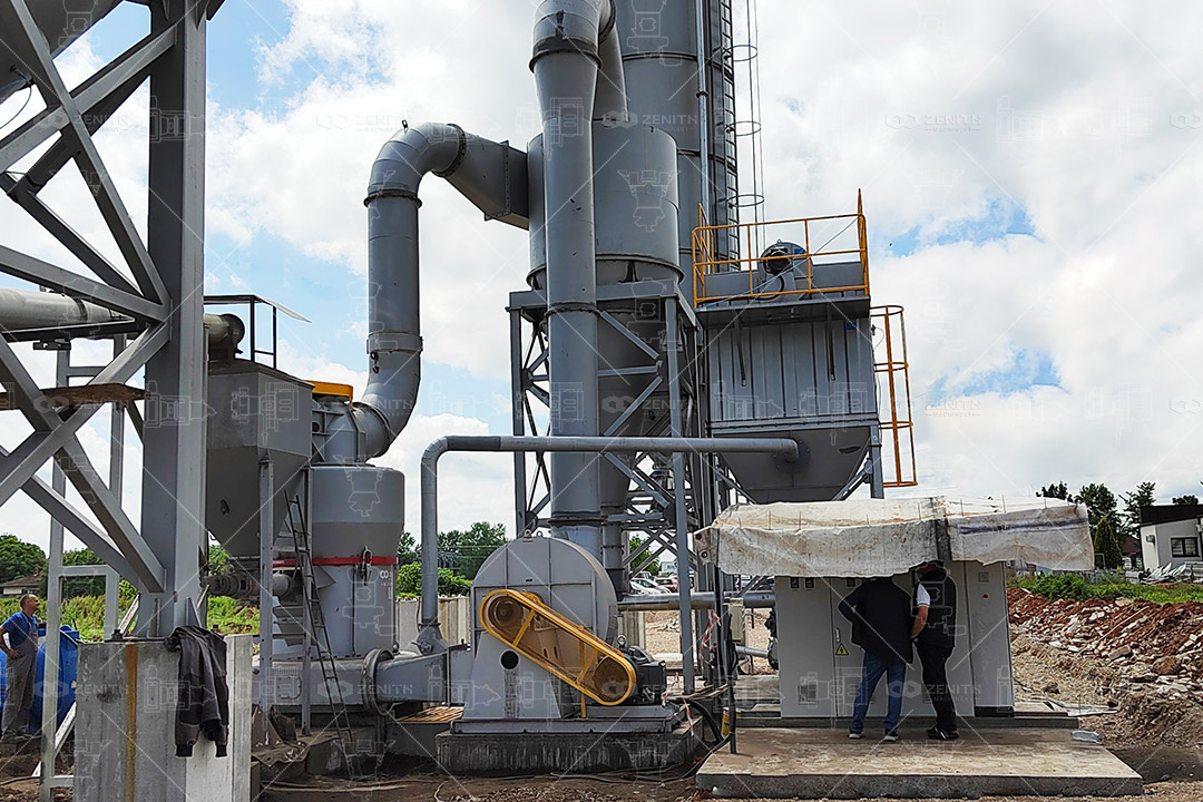 Technical schematic illustrating the internal airflow, grinding roller, and powder classification system of the MTW European Trapezium Mill.